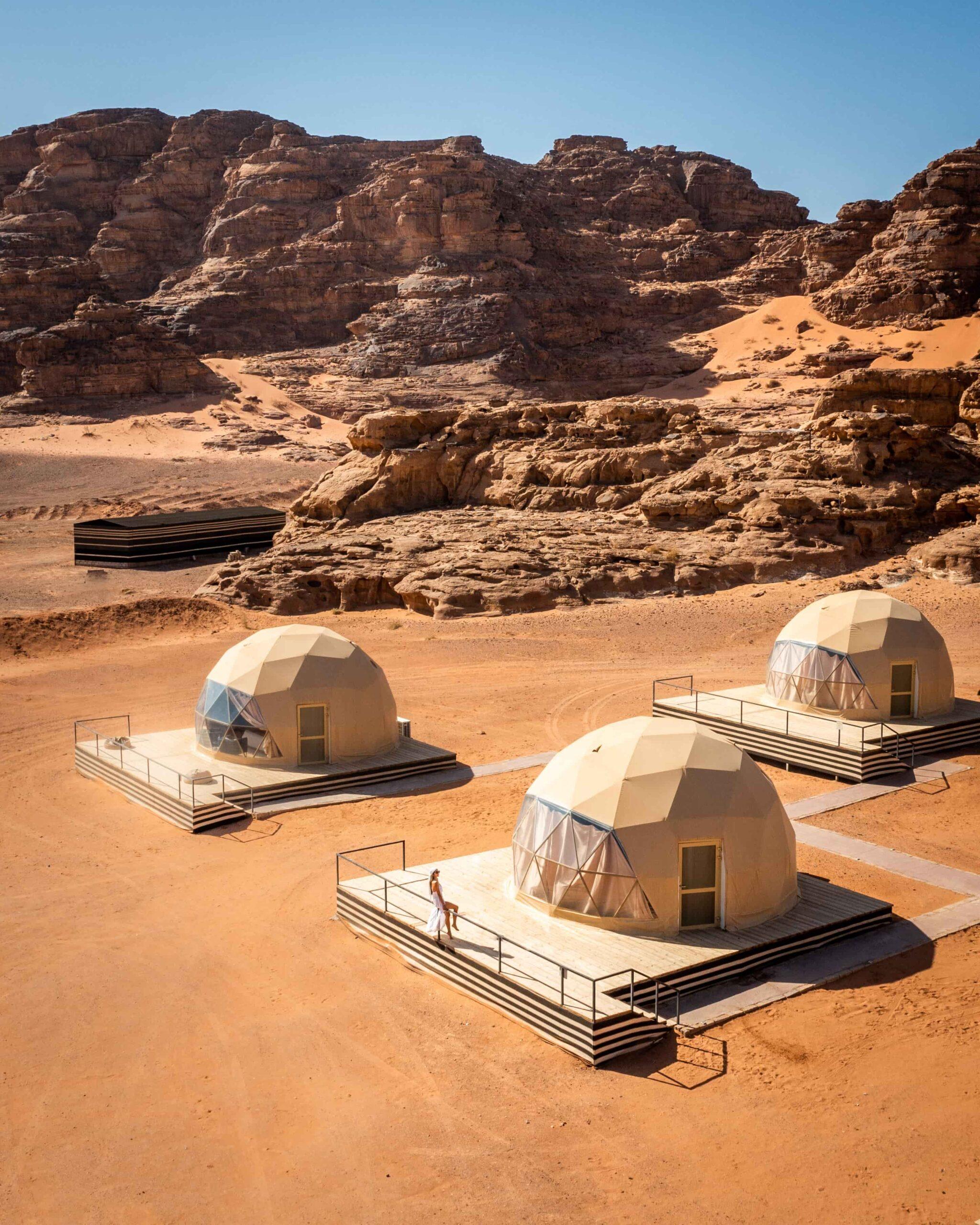 Sun City Camp — desert landscape and camp setting at dusk, Wadi Rum Jordan